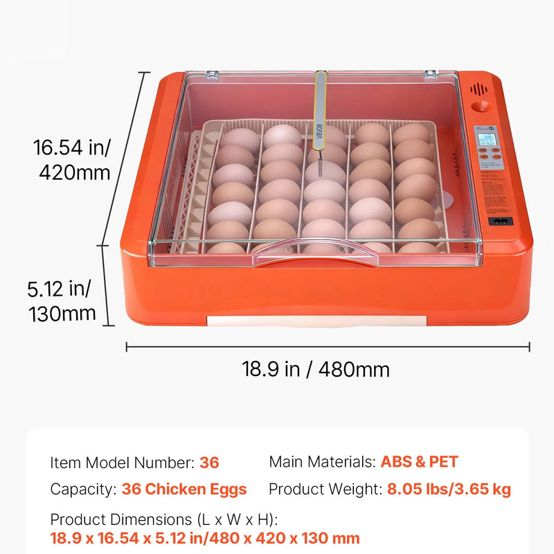 VEVOR 36 olu inkubators ar automātisku olu grozītāju, LED ovoskopu un ūdens paplāti, temperatūras un mitruma kontroli, caurspīdīgu 360° skata logu putnu olu inkubēšanai cāļiem, pīlēm, zosīm un paipalām