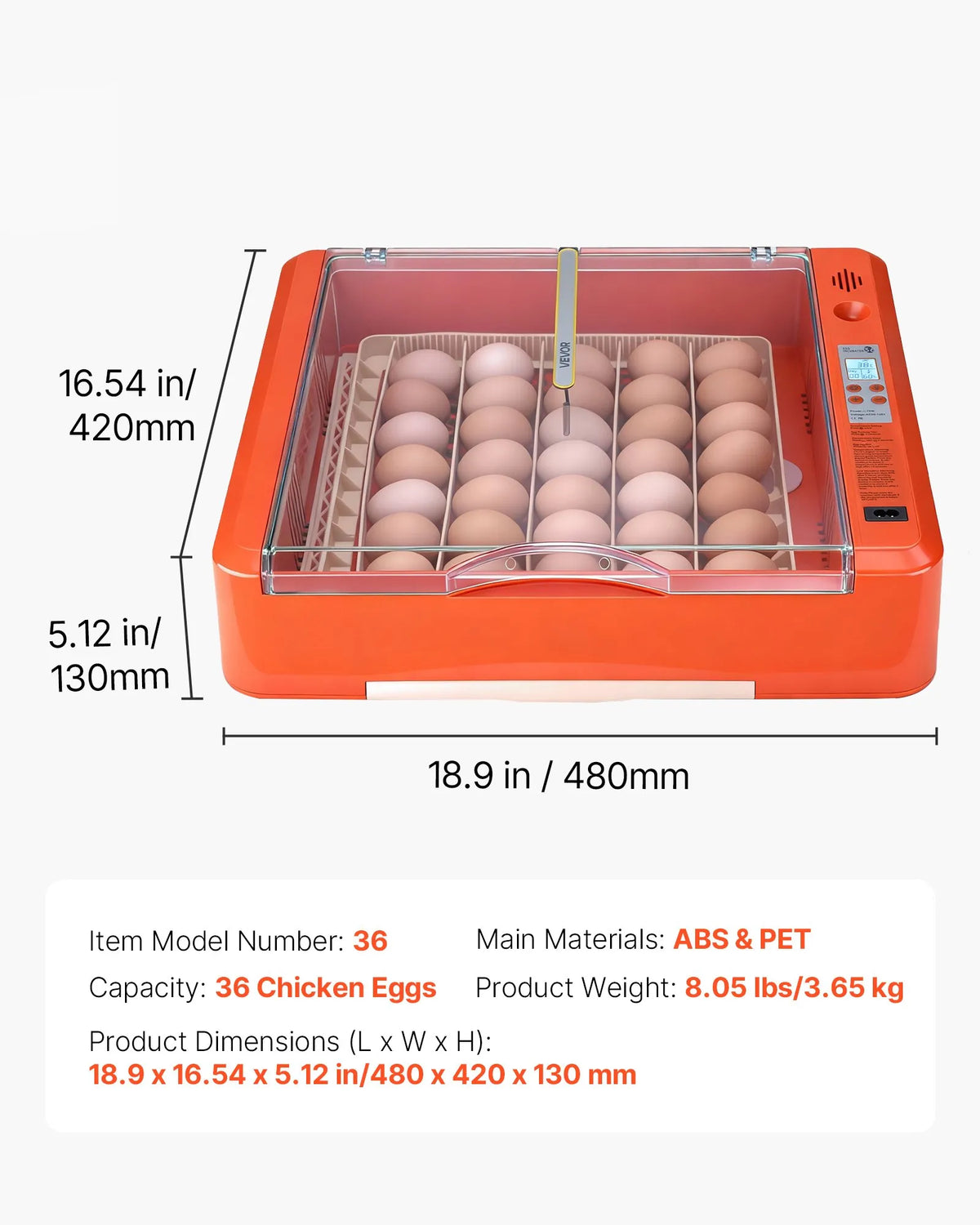 VEVOR Egg Incubator for 36 Eggs with Automatic Turning, Egg Candler and Humidity Control