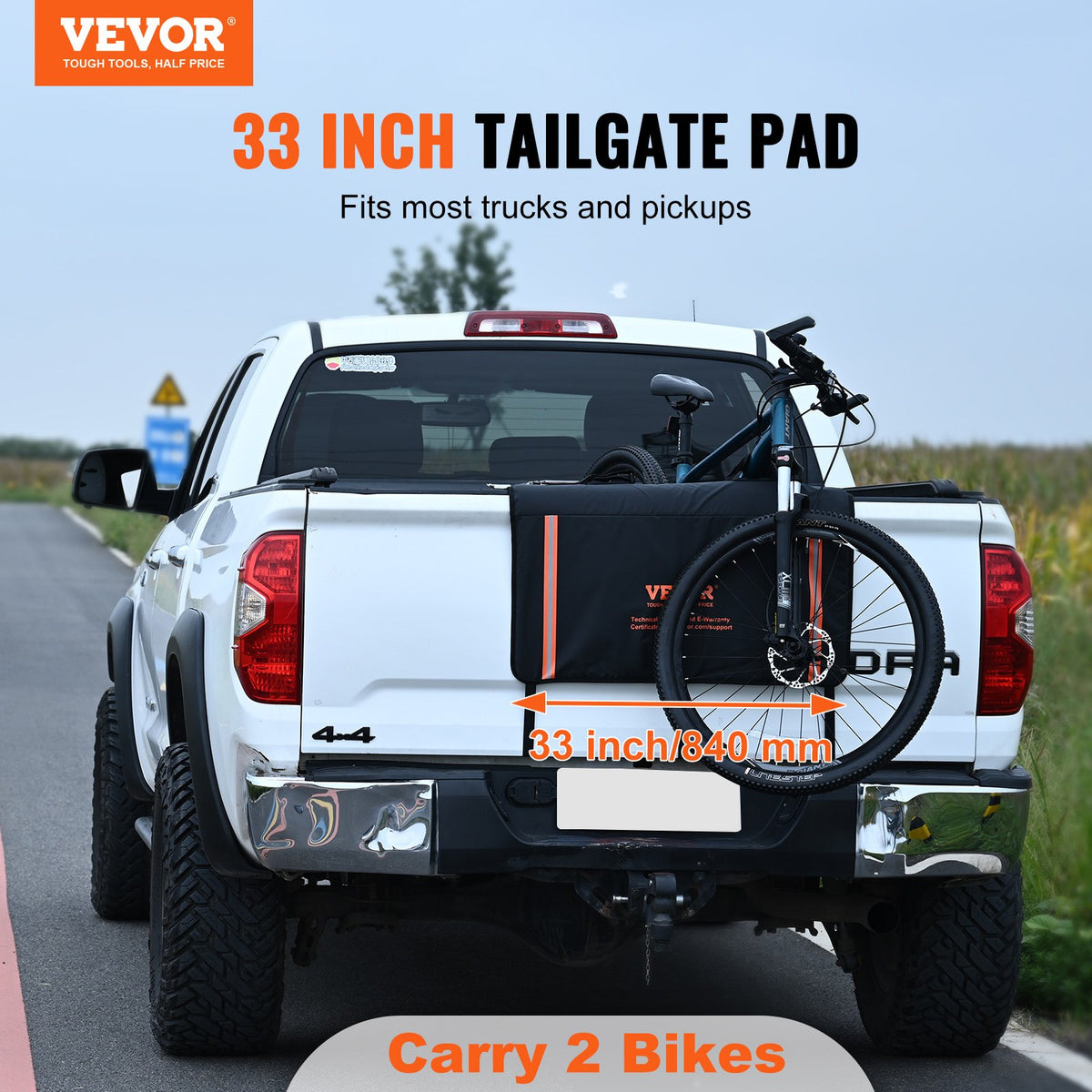 VEVOR Bicycle Carrier Rack for Truck Bed, 840 mm, Fits 2 Mountain Bikes, with Reflective Strips and Tool Pockets, Universal Model for Small Pickup Trucks