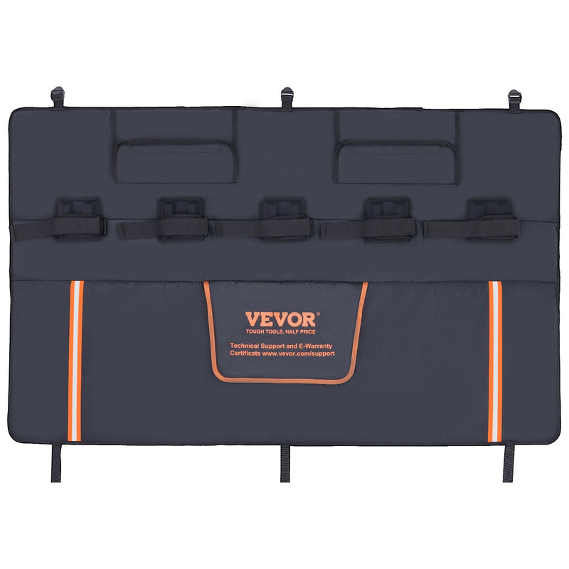 VEVOR Kravas automašīnas aizmugures vāka velosipēdu paliktnis, 135 cm, paredzēts 5 kalnu velosipēdiem, uzlabotas rievas, atstarotāju sloksnes un instrumentu kabatas, ar kameru atveri vidēja izmēra pikapiem