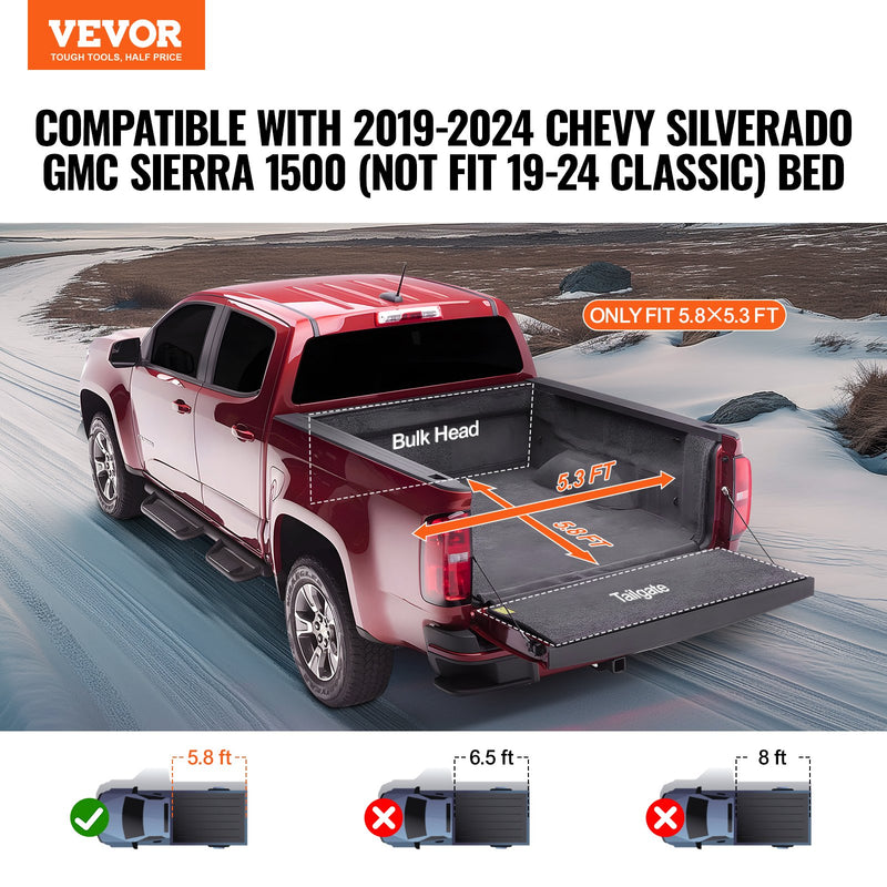 VEVOR mīkstais PVC bagāžnieka pārsegs 1,62 × 1,60 m, piemērots Chevy Silverado/GMC Sierra 1500 (2019–2024, izņemot Classic)