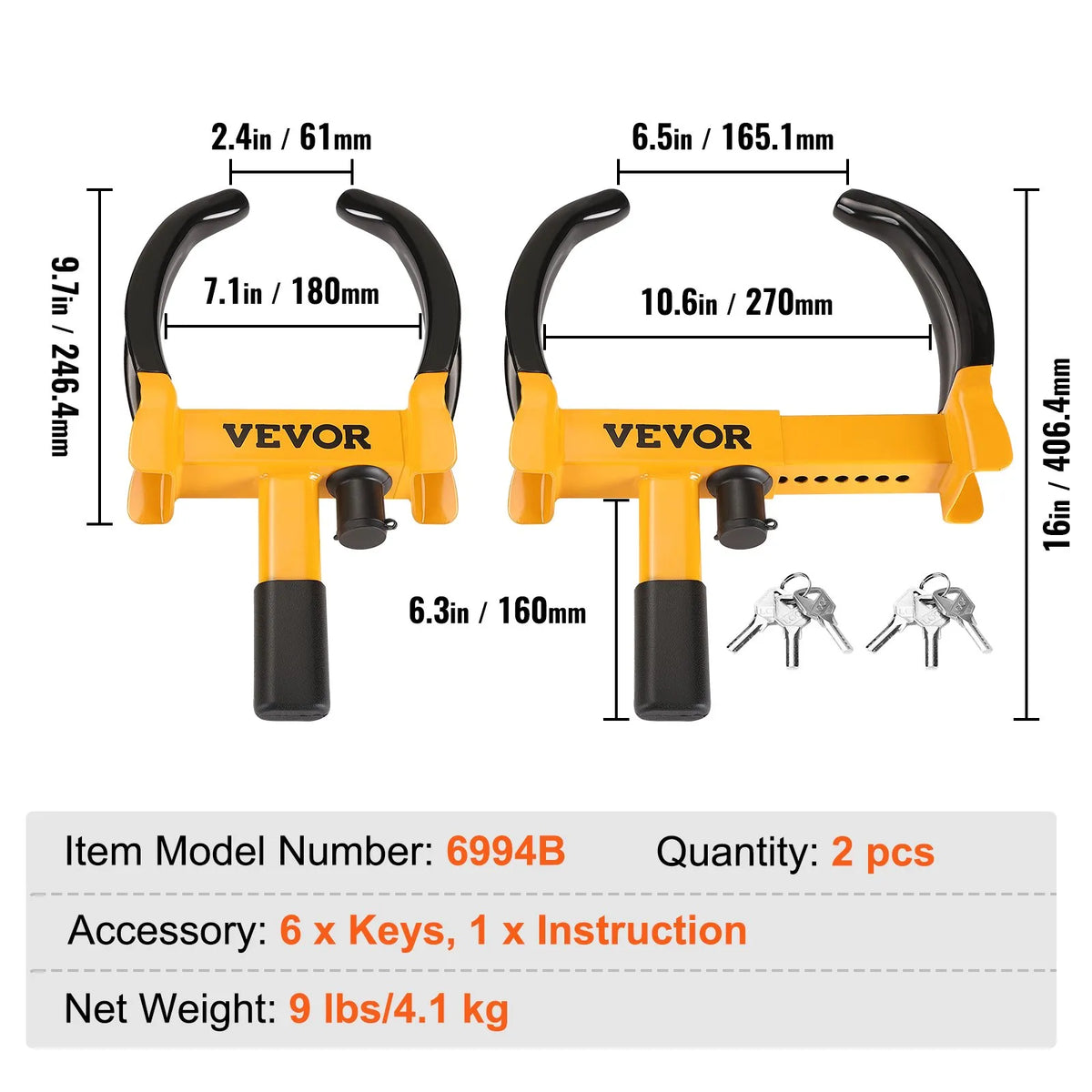 Wheel Anti-Theft Clamp, 2 pcs, Adjustable, Steel, with 6 Keys, Suitable for ATV, SUV, Cars, Campers, Golf Carts, Boats, Motorcycles