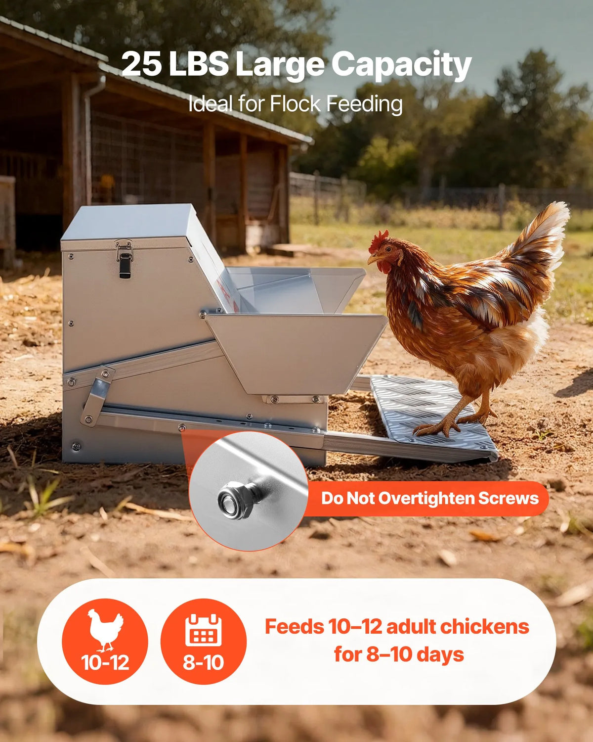 VEVOR automātiskā vistu barotava ar pedāli, ietilpība 11,34 kg, lietusizturīga ar slēdzamu vāku, bez barības zudumiem, cinkota tērauda konstrukcija, piemērota āra lietošanai vistām un mājputniem - ZEMLETES.LV