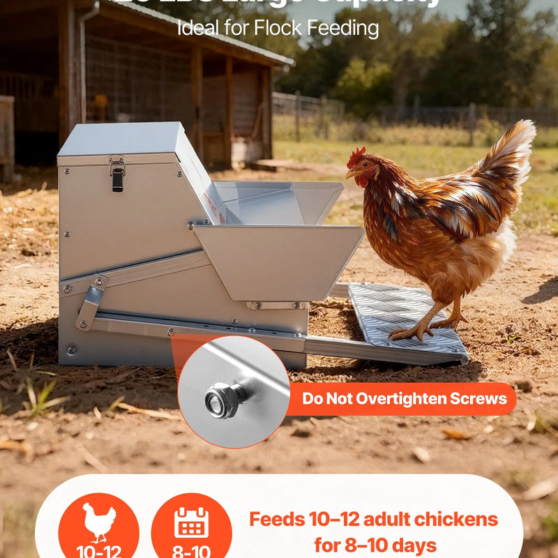 VEVOR automātiskais vistas barotājs 11,34 kg, lietusdrošs pedāļa tipa mājputnu barotājs ar slēdzamu vāku, bez barības zudumiem, cinkota tērauda konstrukcija āra lietošanai, vistām, pundurvistām un fazāniem - ZEMLETES.LV
