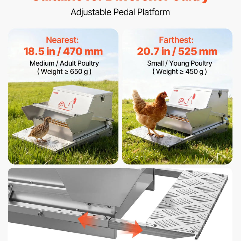 VEVOR automātiskā vistu barotava ar pedāli, ietilpība 11,34 kg, lietusizturīga ar slēdzamu vāku, bez barības zudumiem, cinkota tērauda konstrukcija, piemērota āra lietošanai vistām un mājputniem - ZEMLETES.LV