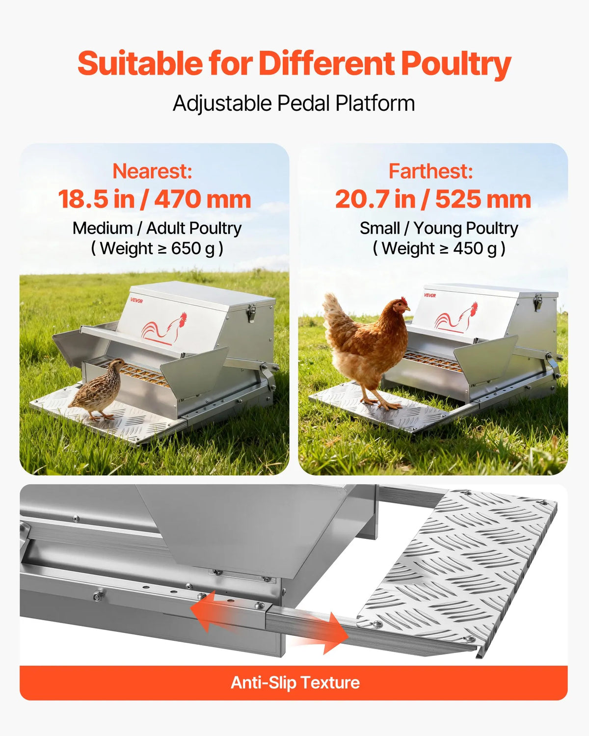 VEVOR automātiskais vistas barotājs 11,34 kg, lietusdrošs pedāļa tipa mājputnu barotājs ar slēdzamu vāku, bez barības zudumiem, cinkota tērauda konstrukcija āra lietošanai, vistām, pundurvistām un fazāniem - ZEMLETES.LV
