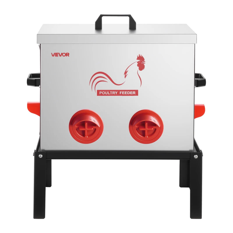 VEVOR automātiskā vistu barotava, 18,14 kg ietilpība, 6 barošanas atveres bez barības zudumiem, ar iebūvētu sadalītāju, aizbīdni un rokturi, metāla konstrukcija vistām, pundurvistām un fazāniem