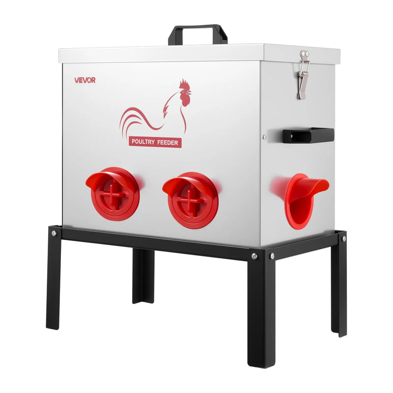 VEVOR automātiskā vistu barotava, 18,14 kg ietilpība, 6 barošanas atveres bez barības zudumiem, ar iebūvētu sadalītāju, aizbīdni un rokturi, metāla konstrukcija vistām, pundurvistām un fazāniem