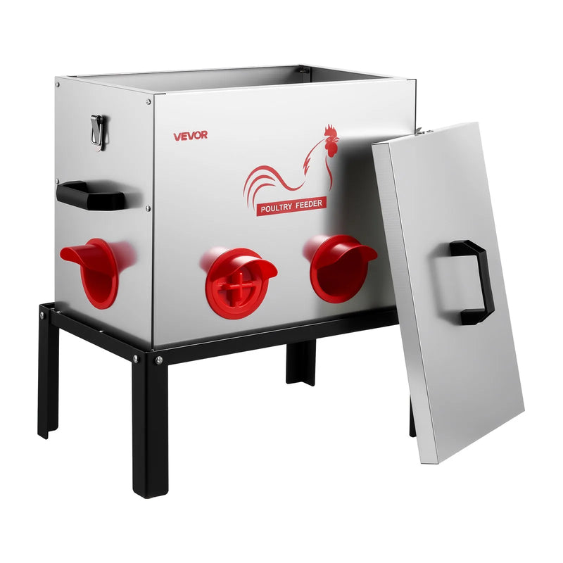 VEVOR automātiskā vistu barotava, 18,14 kg ietilpība, 6 barošanas atveres bez barības zudumiem, ar iebūvētu sadalītāju, aizbīdni un rokturi, metāla konstrukcija vistām, pundurvistām un fazāniem
