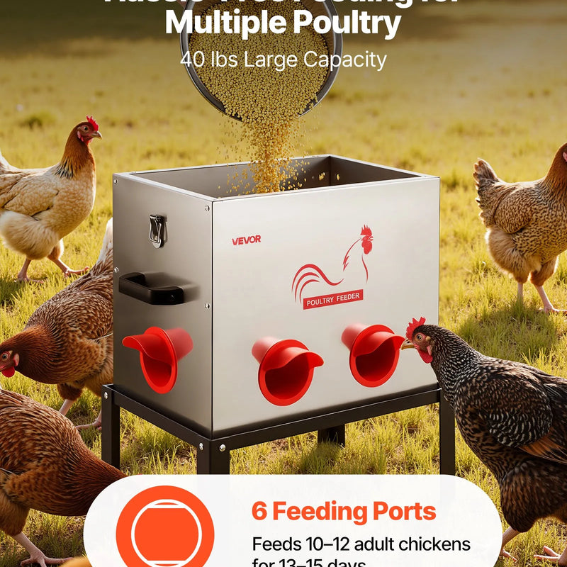 VEVOR automātiskā vistu barotava, 18,14 kg ietilpība, 6 barošanas atveres bez barības zudumiem, ar iebūvētu sadalītāju, aizbīdni un rokturi, metāla konstrukcija vistām, pundurvistām un fazāniem