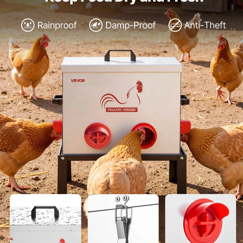 VEVOR automātiskā vistu barotava, 18,14 kg ietilpība, 6 barošanas atveres bez barības zudumiem, ar iebūvētu sadalītāju, aizbīdni un rokturi, metāla konstrukcija vistām, pundurvistām un fazāniem