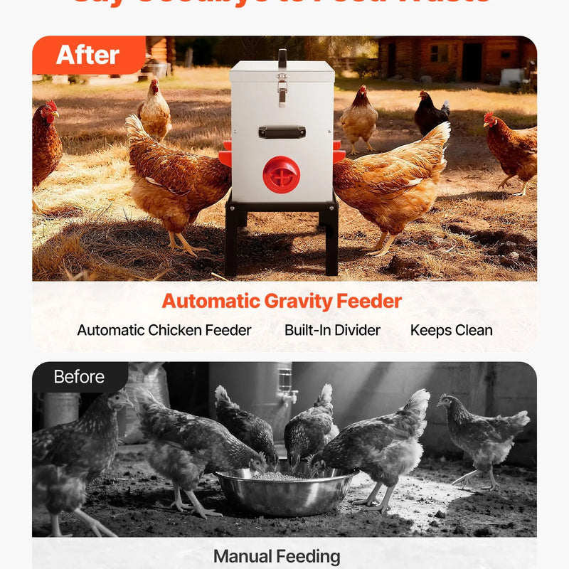 VEVOR automātiskā vistu barotava, 18,14 kg ietilpība, 6 barošanas atveres bez barības zudumiem, ar iebūvētu sadalītāju, aizbīdni un rokturi, metāla konstrukcija vistām, pundurvistām un fazāniem