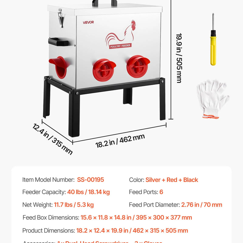 VEVOR automātiskā vistu barotava, 18,14 kg ietilpība, 6 barošanas atveres bez barības zudumiem, ar iebūvētu sadalītāju, aizbīdni un rokturi, metāla konstrukcija vistām, pundurvistām un fazāniem