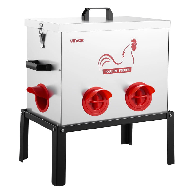 VEVOR automātiskā vistu barotava, 18,14 kg ietilpība, 6 barošanas atveres bez barības zudumiem, ar iebūvētu sadalītāju, aizbīdni un rokturi, metāla konstrukcija vistām, pundurvistām un fazāniem