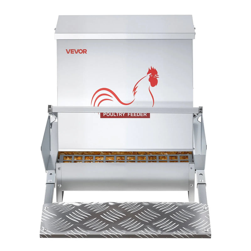 VEVOR automātiska vistu barotava, 18,14 kg ietilpība, lietusizturīga pedāļa barotava ar aizveramu vāku, bez atkritumiem, cinkota tērauda konstrukcija, āra lietošanai, piemērota vistām, bantamiem, putnu mājputniem un fazāniem