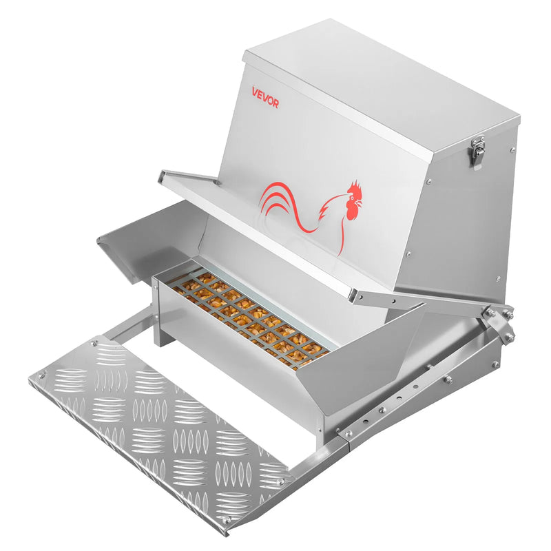 VEVOR automātiska vistu barotava, 18,14 kg ietilpība, lietusizturīga pedāļa barotava ar aizveramu vāku, bez atkritumiem, cinkota tērauda konstrukcija, āra lietošanai, piemērota vistām, bantamiem, putnu mājputniem un fazāniem