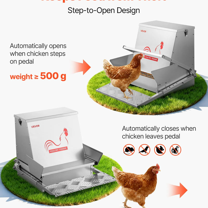 VEVOR automātiska vistu barotava, 18,14 kg ietilpība, lietusizturīga pedāļa barotava ar aizveramu vāku, bez atkritumiem, cinkota tērauda konstrukcija, āra lietošanai, piemērota vistām, bantamiem, putnu mājputniem un fazāniem