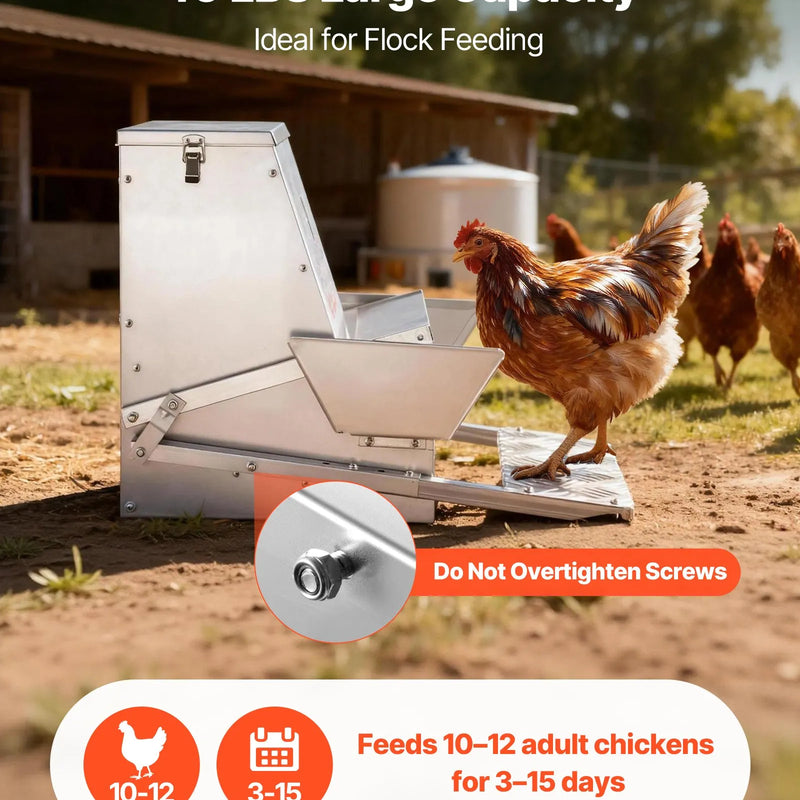 VEVOR automātiska vistu barotava, 18,14 kg ietilpība, lietusizturīga pedāļa barotava ar aizveramu vāku, bez atkritumiem, cinkota tērauda konstrukcija, āra lietošanai, piemērota vistām, bantamiem, putnu mājputniem un fazāniem