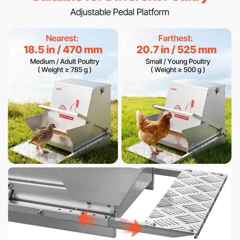 VEVOR automātiska vistu barotava, 18,14 kg ietilpība, lietusizturīga pedāļa barotava ar aizveramu vāku, bez atkritumiem, cinkota tērauda konstrukcija, āra lietošanai, piemērota vistām, bantamiem, putnu mājputniem un fazāniem