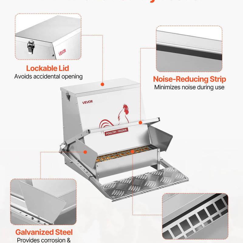 VEVOR automātiska vistu barotava, 18,14 kg ietilpība, lietusizturīga pedāļa barotava ar aizveramu vāku, bez atkritumiem, cinkota tērauda konstrukcija, āra lietošanai, piemērota vistām, bantamiem, putnu mājputniem un fazāniem