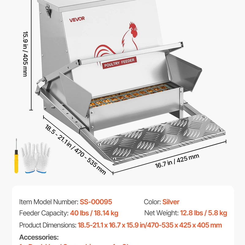 VEVOR automātiska vistu barotava, 18,14 kg ietilpība, lietusizturīga pedāļa barotava ar aizveramu vāku, bez atkritumiem, cinkota tērauda konstrukcija, āra lietošanai, piemērota vistām, bantamiem, putnu mājputniem un fazāniem