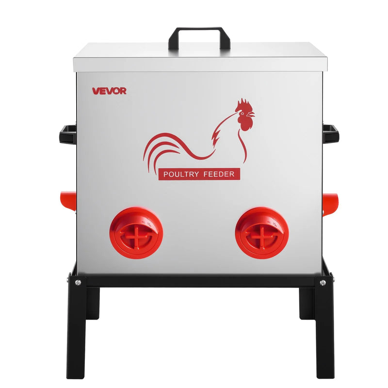 VEVOR automātiskā vistu barotava, 22,68 kg ietilpība, 6 barošanas atveres bez barības zudumiem, ar iebūvētu sadalītāju, aizbīdni un rokturi, metāla konstrukcija vistām, pundurvistām un fazāniem