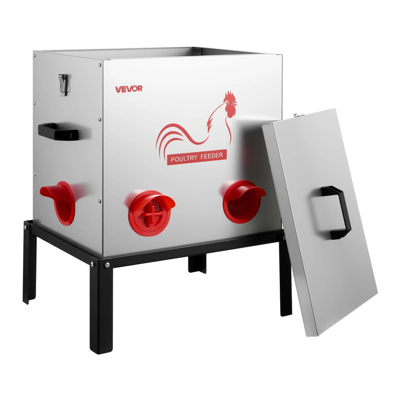 VEVOR automātiskā vistu barotava, 22,68 kg ietilpība, 6 barošanas atveres bez barības zudumiem, ar iebūvētu sadalītāju, aizbīdni un rokturi, metāla konstrukcija vistām, pundurvistām un fazāniem
