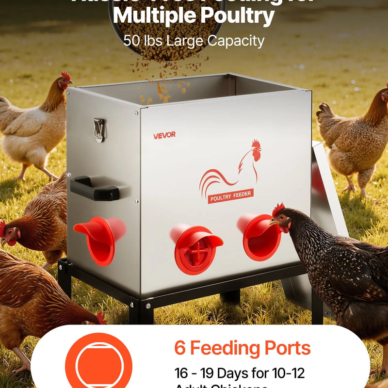 VEVOR automātiskā vistu barotava, 22,68 kg ietilpība, 6 barošanas atveres bez barības zudumiem, ar iebūvētu sadalītāju, aizbīdni un rokturi, metāla konstrukcija vistām, pundurvistām un fazāniem