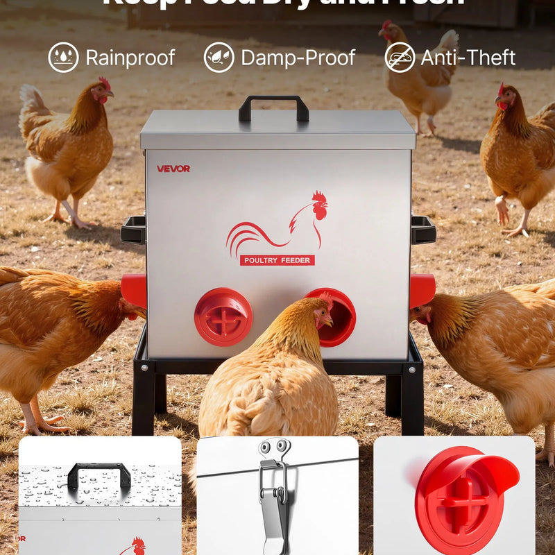 VEVOR automātiskā vistu barotava, 22,68 kg ietilpība, 6 barošanas atveres bez barības zudumiem, ar iebūvētu sadalītāju, aizbīdni un rokturi, metāla konstrukcija vistām, pundurvistām un fazāniem