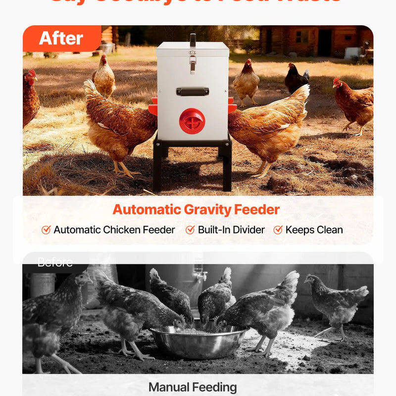 VEVOR automātiskā vistu barotava, 22,68 kg ietilpība, 6 barošanas atveres bez barības zudumiem, ar iebūvētu sadalītāju, aizbīdni un rokturi, metāla konstrukcija vistām, pundurvistām un fazāniem