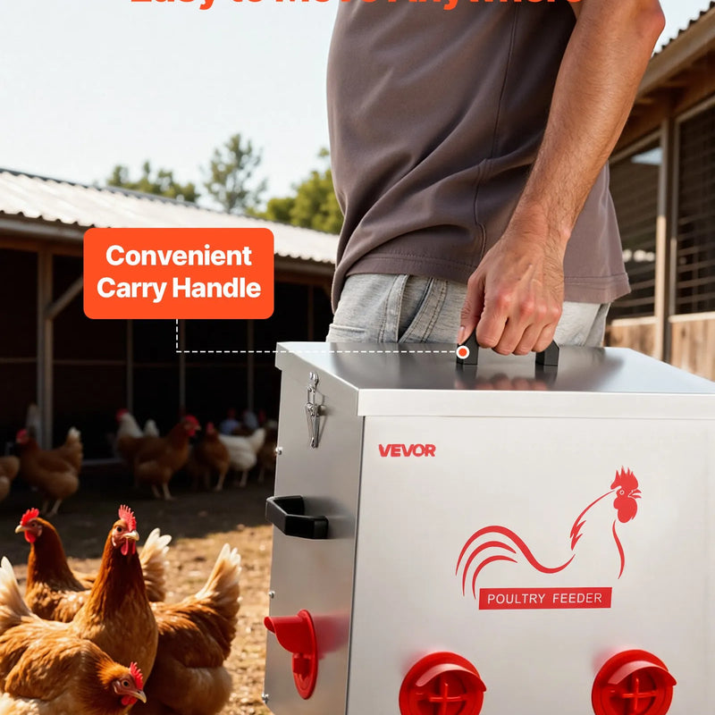 VEVOR automātiskā vistu barotava, 22,68 kg ietilpība, 6 barošanas atveres bez barības zudumiem, ar iebūvētu sadalītāju, aizbīdni un rokturi, metāla konstrukcija vistām, pundurvistām un fazāniem