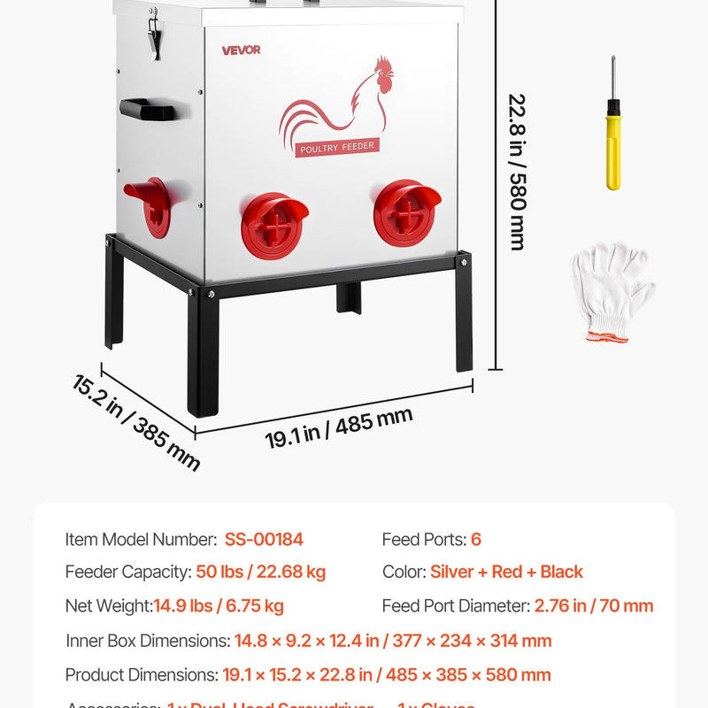 VEVOR automātiskā vistu barotava, 22,68 kg ietilpība, 6 barošanas atveres bez barības zudumiem, ar iebūvētu sadalītāju, aizbīdni un rokturi, metāla konstrukcija vistām, pundurvistām un fazāniem