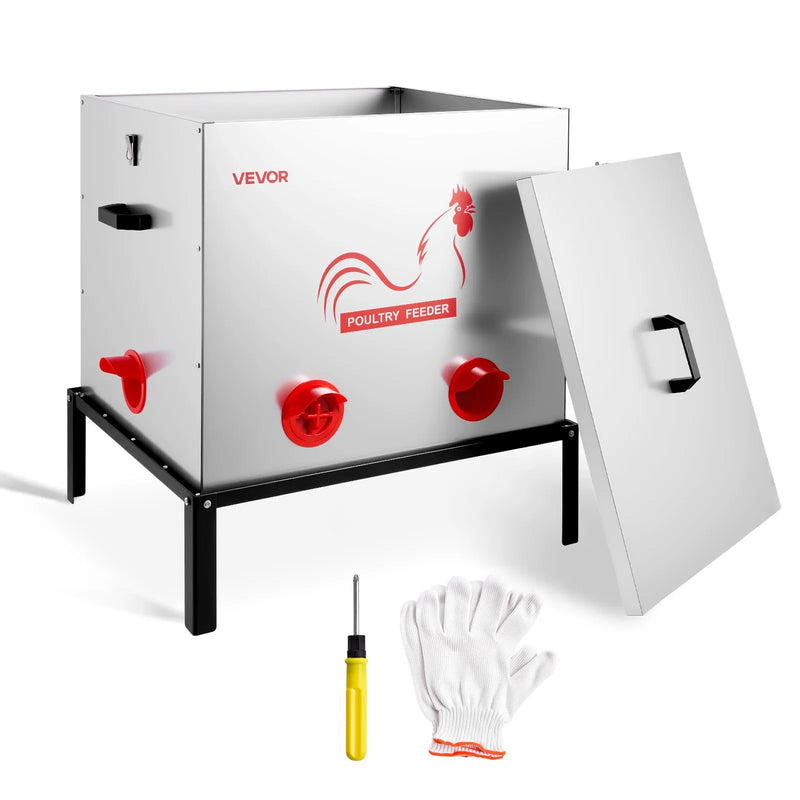 VEVOR automātiskā vistu barotava, 38,56 kg ietilpība, 6 barošanas atveres bez barības zudumiem, ar iebūvētu sadalītāju, aizbīdni un rokturi, metāla konstrukcija vistām, pundurvistām un fazāniem