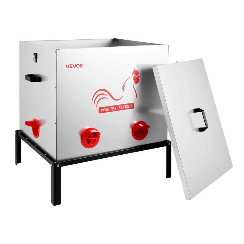 VEVOR automātiskā vistu barotava, 38,56 kg ietilpība, 6 barošanas atveres bez barības zudumiem, ar iebūvētu sadalītāju, aizbīdni un rokturi, metāla konstrukcija vistām, pundurvistām un fazāniem