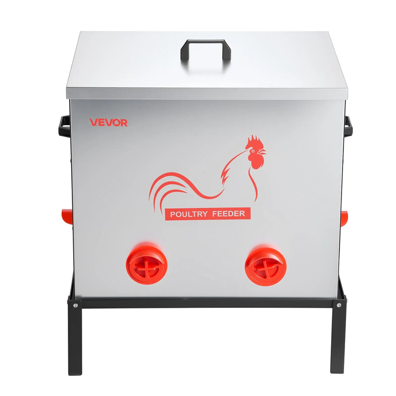 VEVOR automātiskā vistu barotava, 38,56 kg ietilpība, 6 barošanas atveres bez barības zudumiem, ar iebūvētu sadalītāju, aizbīdni un rokturi, metāla konstrukcija vistām, pundurvistām un fazāniem