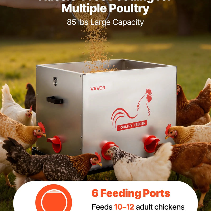 VEVOR automātiskā vistu barotava, 38,56 kg ietilpība, 6 barošanas atveres bez barības zudumiem, ar iebūvētu sadalītāju, aizbīdni un rokturi, metāla konstrukcija vistām, pundurvistām un fazāniem