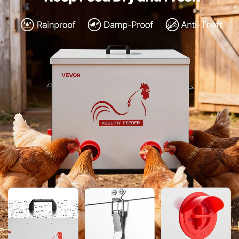 VEVOR automātiskā vistu barotava, 38,56 kg ietilpība, 6 barošanas atveres bez barības zudumiem, ar iebūvētu sadalītāju, aizbīdni un rokturi, metāla konstrukcija vistām, pundurvistām un fazāniem