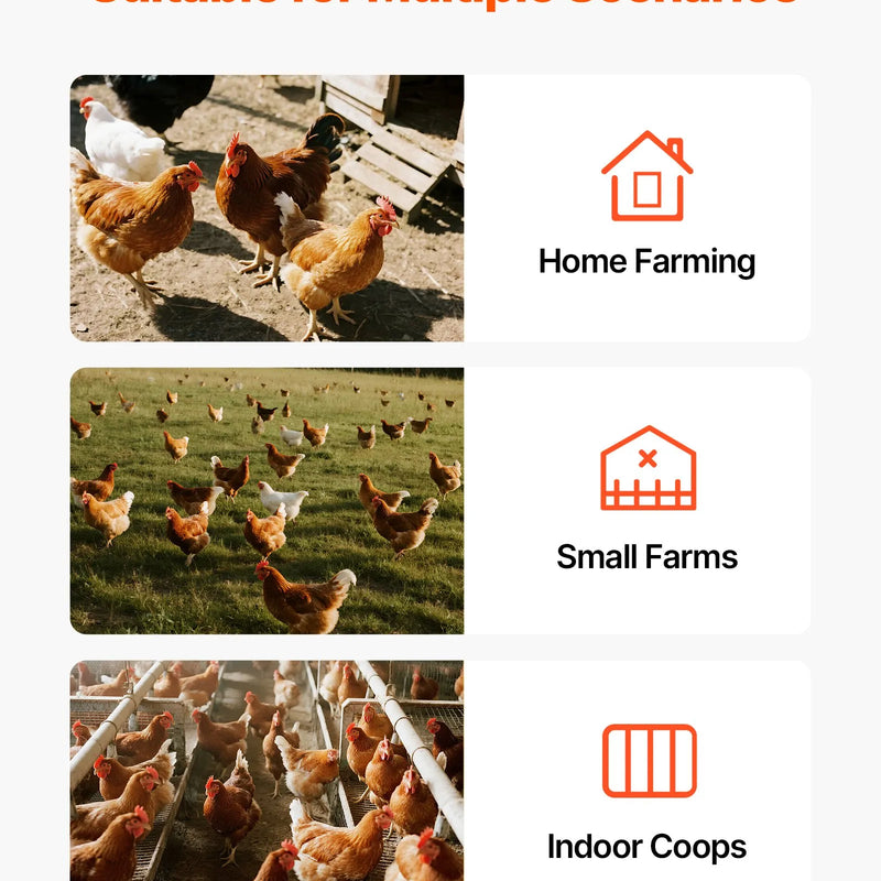 VEVOR automātiskā vistu barotava, 38,56 kg ietilpība, 6 barošanas atveres bez barības zudumiem, ar iebūvētu sadalītāju, aizbīdni un rokturi, metāla konstrukcija vistām, pundurvistām un fazāniem