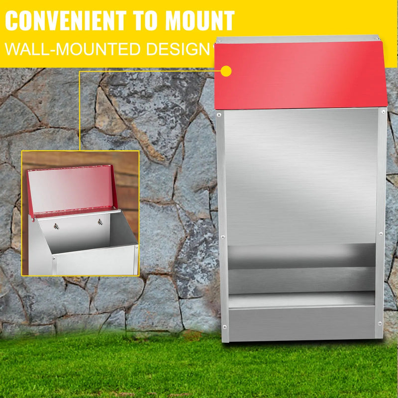 VEVOR cinkota putnu barotava, 13,6 kg barības ietilpība, piekarināma konstrukcija ar vāku, laikapstākļu izturīgs āra barotnes dozators pīlēm un vistām