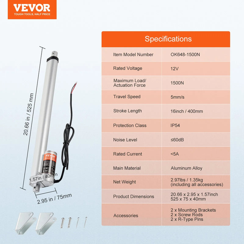 VEVOR lineārais aktuators 12 V 40,6 cm augstas slodzes 1500 N, 5 mm/s, IP54 aizsardzība