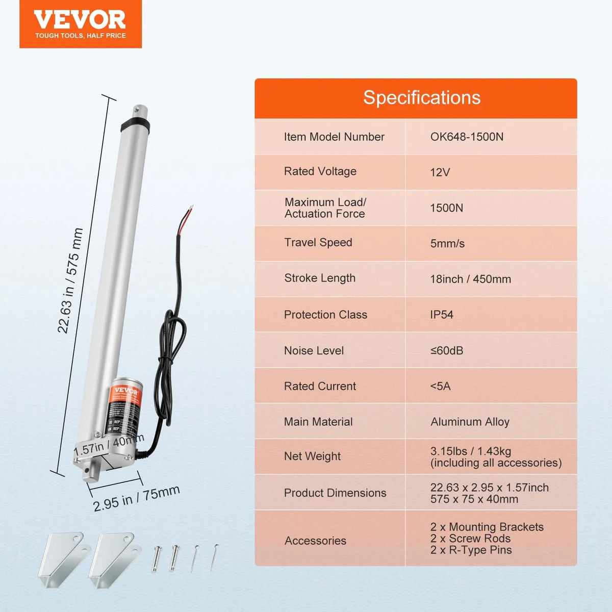 VEVOR lineārais aktuators 12 V, gājiens 45,7 cm, slodze līdz 149,7 kg/1500 N, ātrums 5 mm/s, IP54 aizsardzība