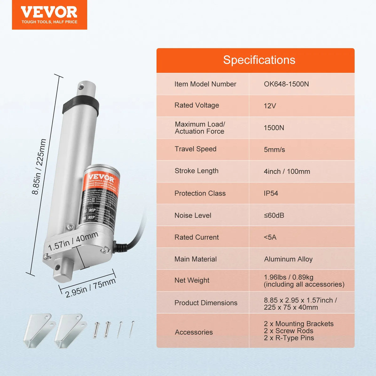 VEVOR Linear Actuator 12 V 10.2 cm High Load 149.7 kg / 1500 N 0.5 cm/s IP54 Protection