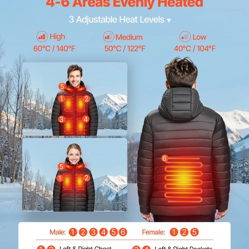 L_VEVOR vīriešu apsildāmā softshell jaka ar 7,4 V akumulatoru, viegls vēja necaurlaidīgs mētelis ar 6 apsildes zonām un 3 siltuma iestatījumiem pārgājieniem un āra darbiem, melna