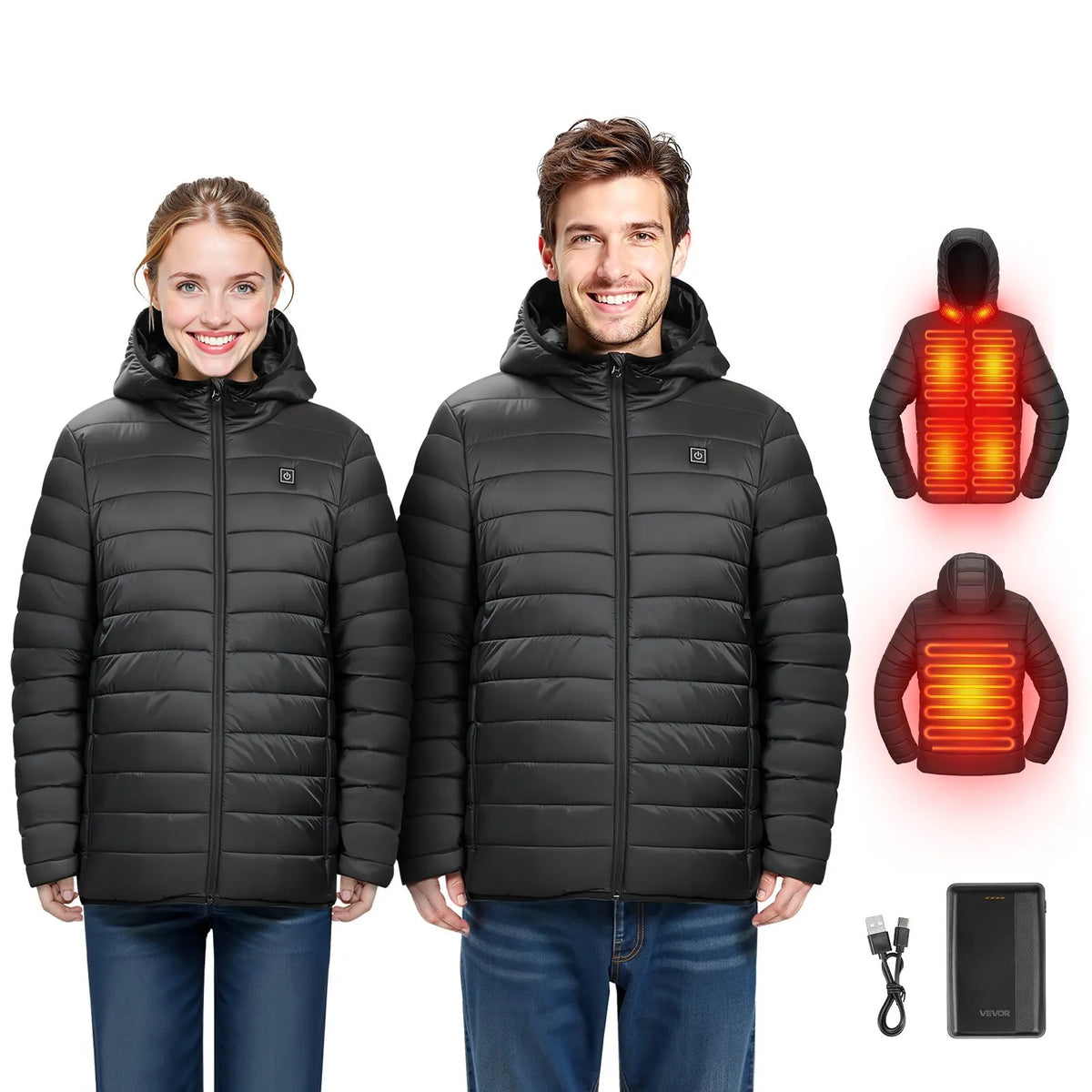 VEVOR apsildāmā softshell jaka vīriešiem, 7,4 V akumulators, 6 apsildes zonas, vējaizturīga, melna, izmērs L