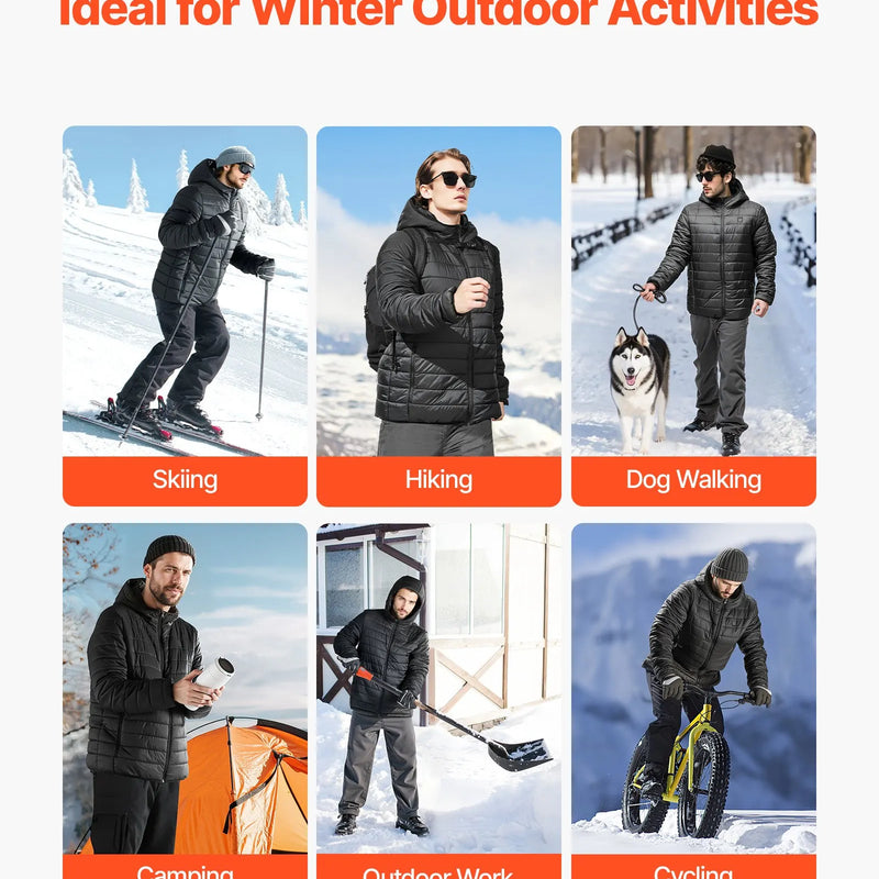 M_VEVOR apsildāmā jaka vīriešiem ar 7,4 V akumulatoru, softshell elektriski apsildāma virsjaka, vējaizturīga viegla virsjaka ar 6 apsildes zonām un 3 siltuma iestatījumiem, piemērota pārgājieniem un āra darbiem, melna