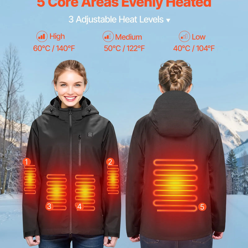 S_VEVOR apsildāmā jaka vīriešiem ar 7,4 V akumulatoru, softshell elektriski apsildāma virsjaka, vējaizturīga un ūdensizturīga viegla virsjaka ar 5 apsildes zonām un 3 siltuma iestatījumiem, mazgājama veļasmašīnā