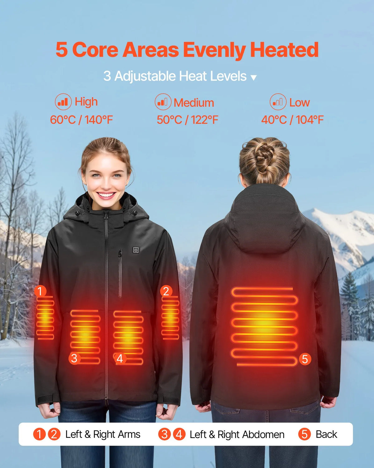 VEVOR apsildāmā softshell jaka sievietēm, 7,4 V akumulators, 5 apsildes zonas, vēja un ūdensizturīga, mazgājama veļasmašīnā, izmērs L