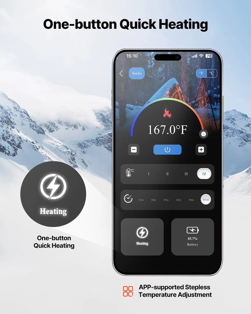 S_VEVOR apsildāmās zeķes ar 5000 mAh akumulatoru, uzlādējamas, ar 4 apsildes līmeņiem un lietotnes vadību; piemērotas sievietēm un vīriešiem medībām, izjādēm, kempingam un pārgājieniem