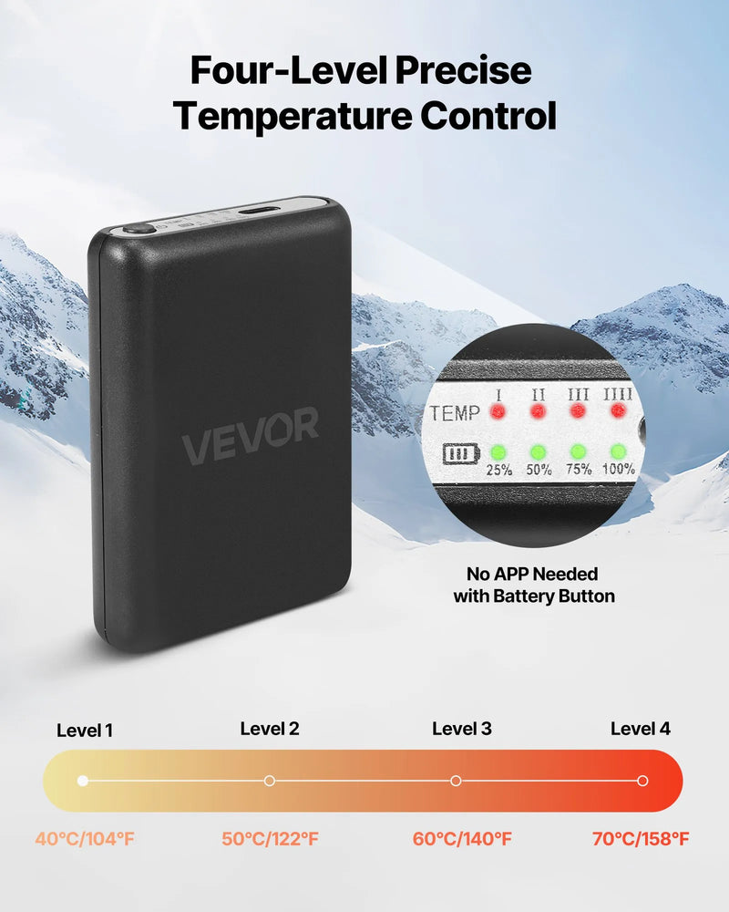 S_VEVOR apsildāmās zeķes ar 5000 mAh akumulatoru, uzlādējamas, ar 4 apsildes līmeņiem un lietotnes vadību; piemērotas sievietēm un vīriešiem medībām, izjādēm, kempingam un pārgājieniem