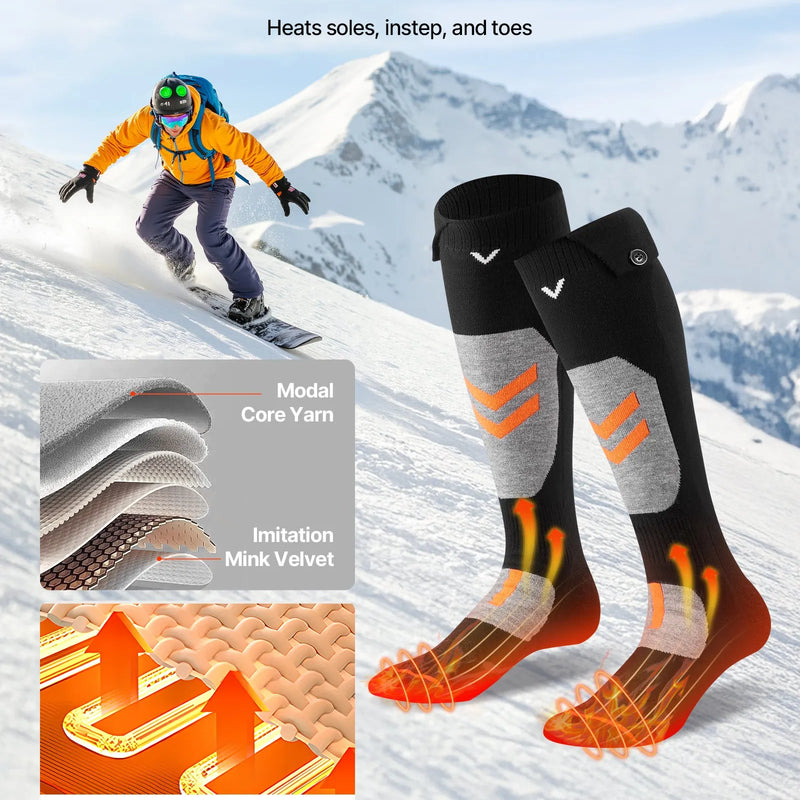 S_VEVOR apsildāmās zeķes ar 5000 mAh akumulatoru, uzlādējamas, ar 4 apsildes līmeņiem un lietotnes vadību; piemērotas sievietēm un vīriešiem medībām, izjādēm, kempingam un pārgājieniem